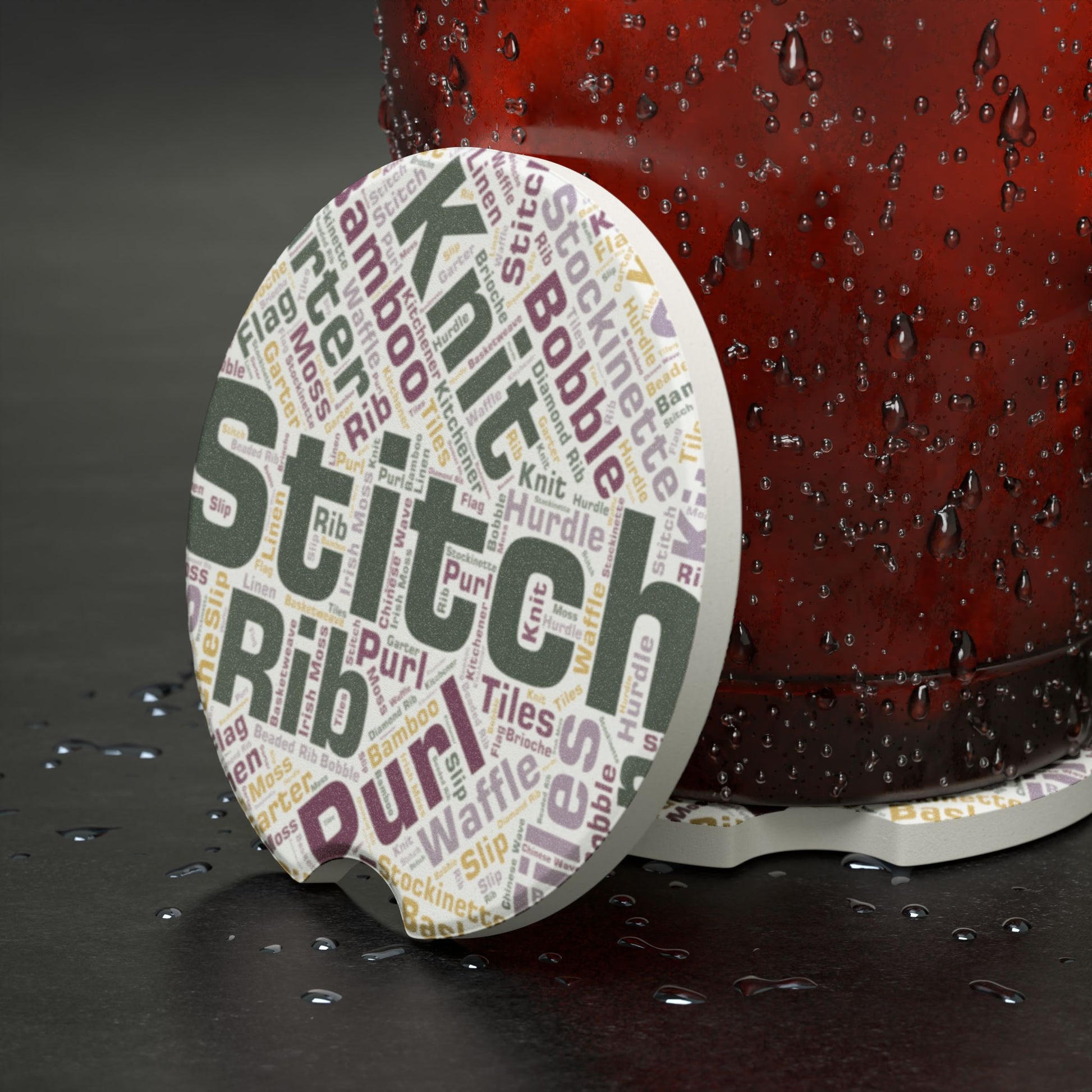 Stitch Word Art Car Coaster – Matte Soapstone