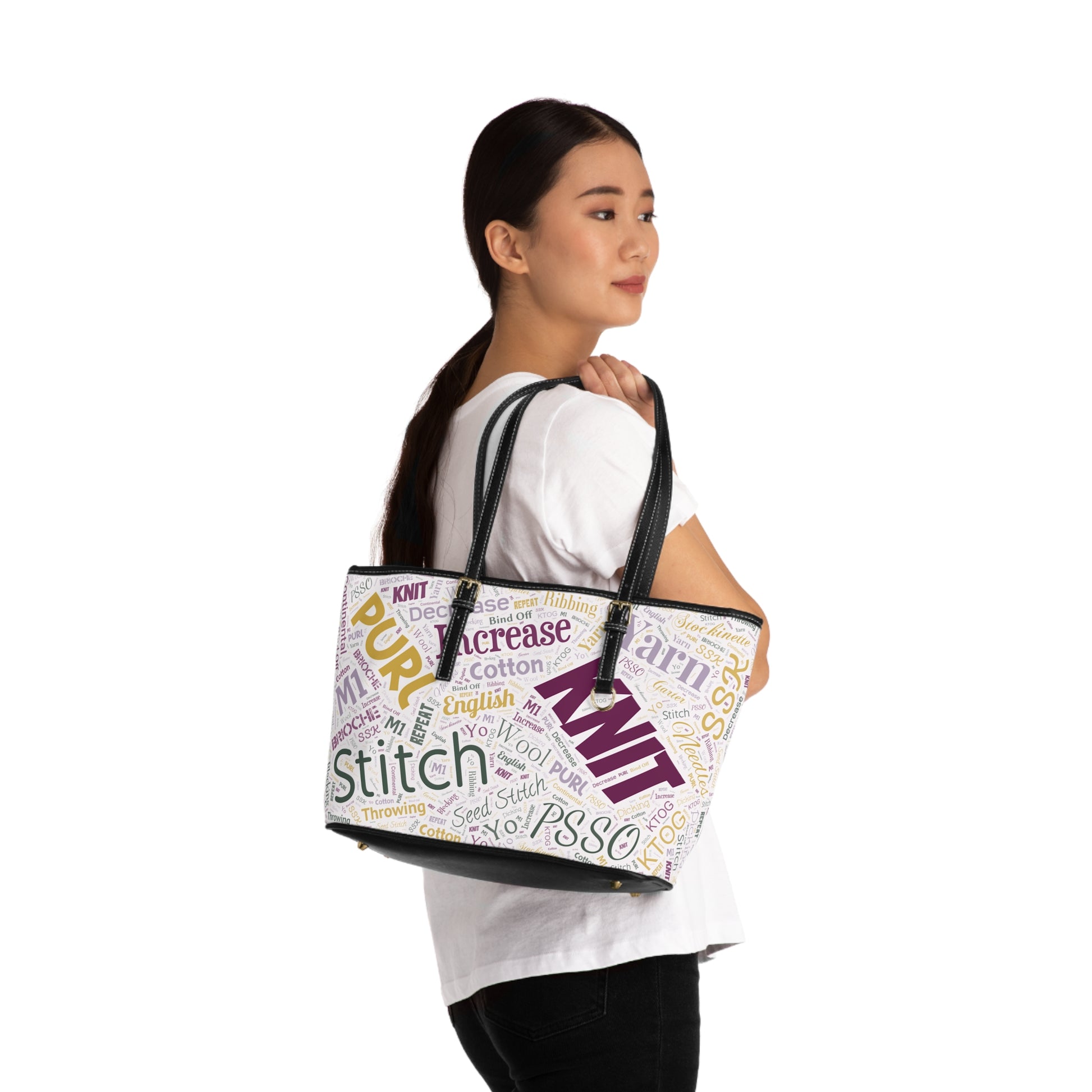 Knit-Themed PU Leather Shoulder Bag | Perfect for Crafters, Fashion Lovers, Tote for Stitching Supplies, Trendy All-Occasion Handbag