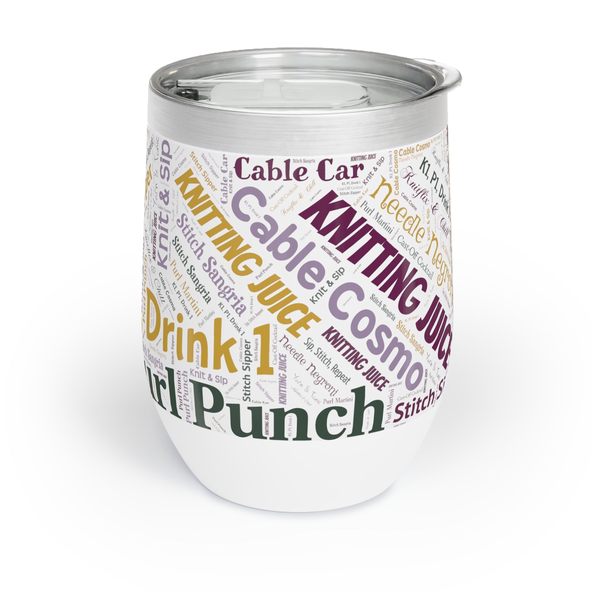 Knit & Sip Word Art Wine Tumbler – 12oz Stainless Steel with Lid