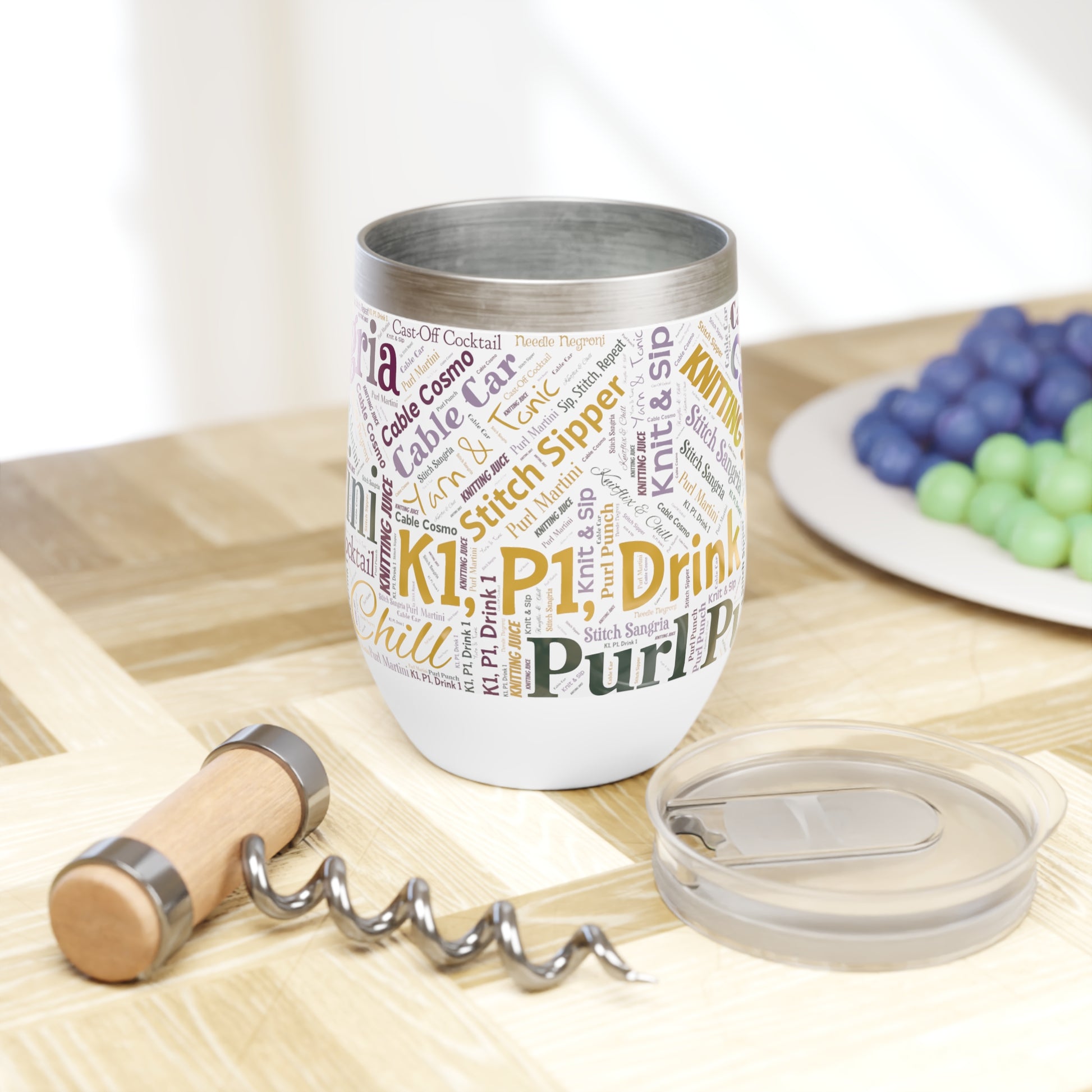 Knit & Sip Word Art Wine Tumbler – 12oz Stainless Steel with Lid