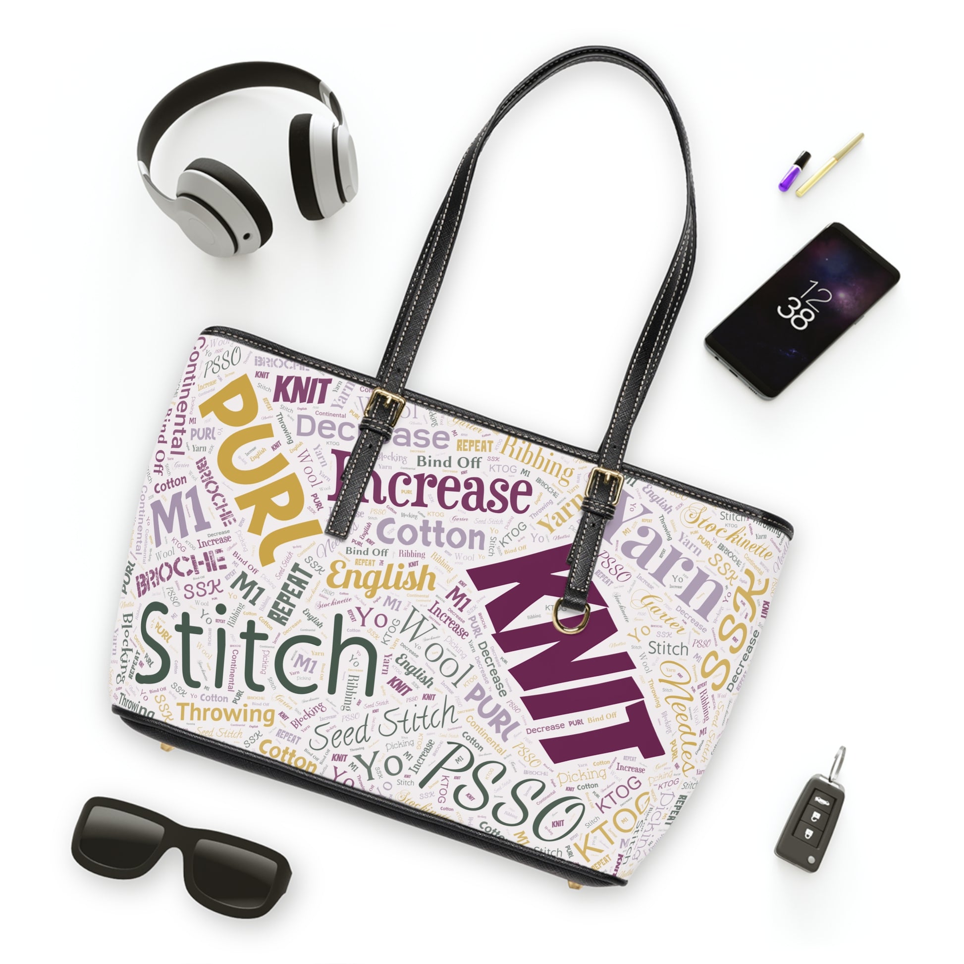Knit-Themed PU Leather Shoulder Bag | Perfect for Crafters, Fashion Lovers, Tote for Stitching Supplies, Trendy All-Occasion Handbag
