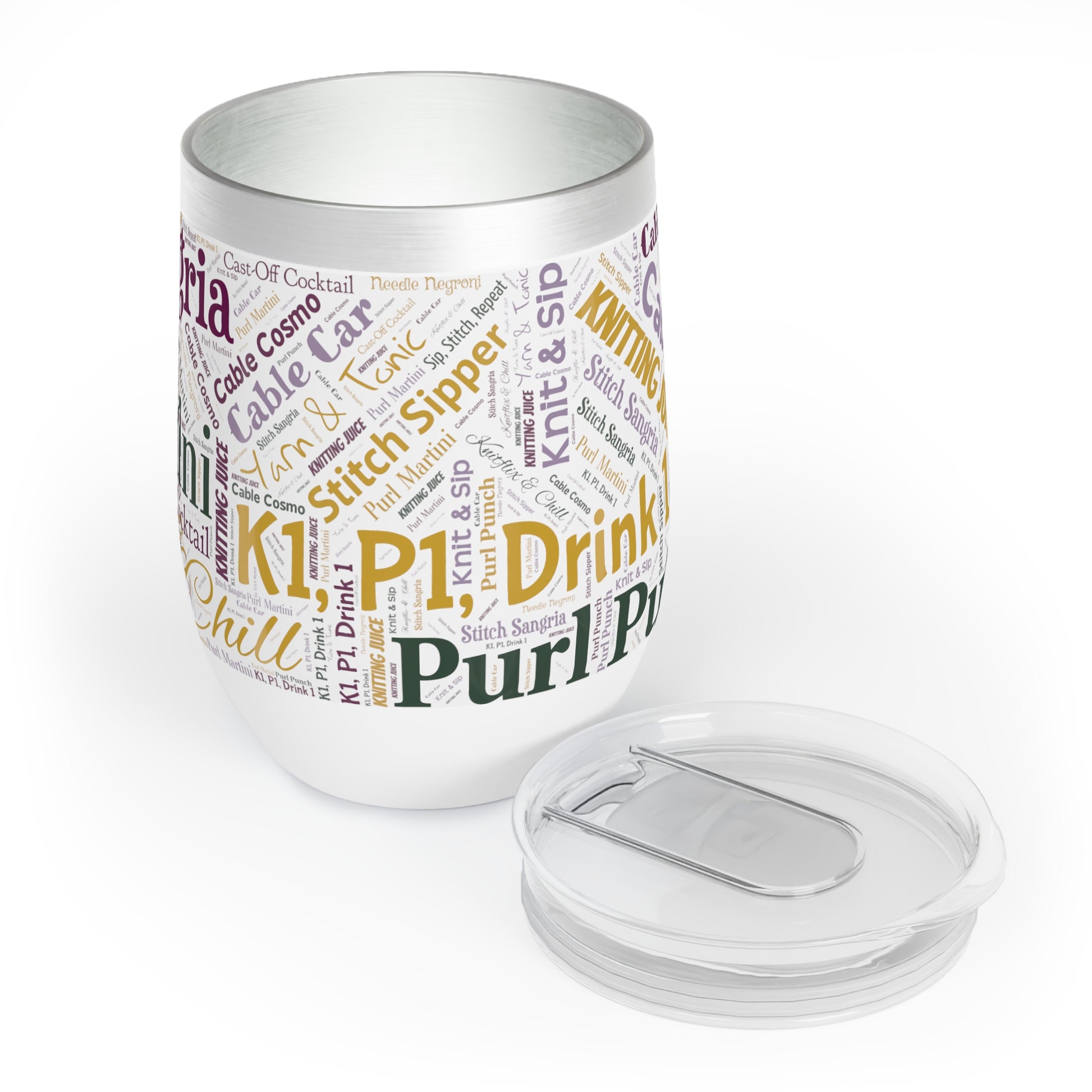 Knit & Sip Word Art Wine Tumbler – 12oz Stainless Steel with Lid