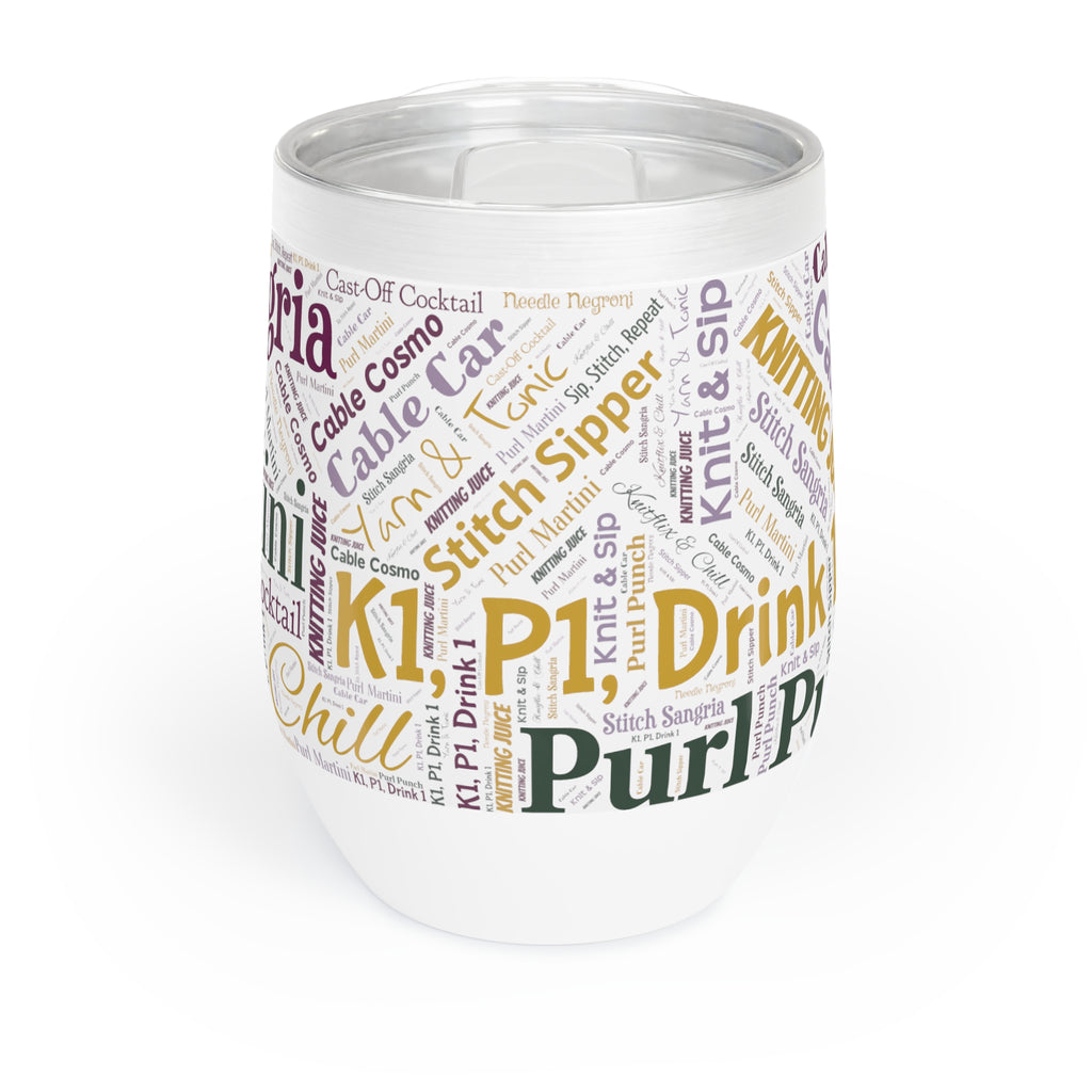 Knit & Sip Word Art Wine Tumbler – 12oz Stainless Steel with Lid