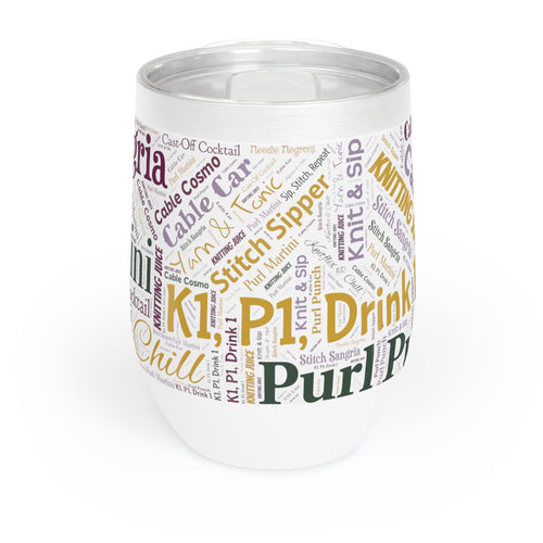 Knit & Sip Word Art Wine Tumbler – 12oz Stainless Steel with Lid