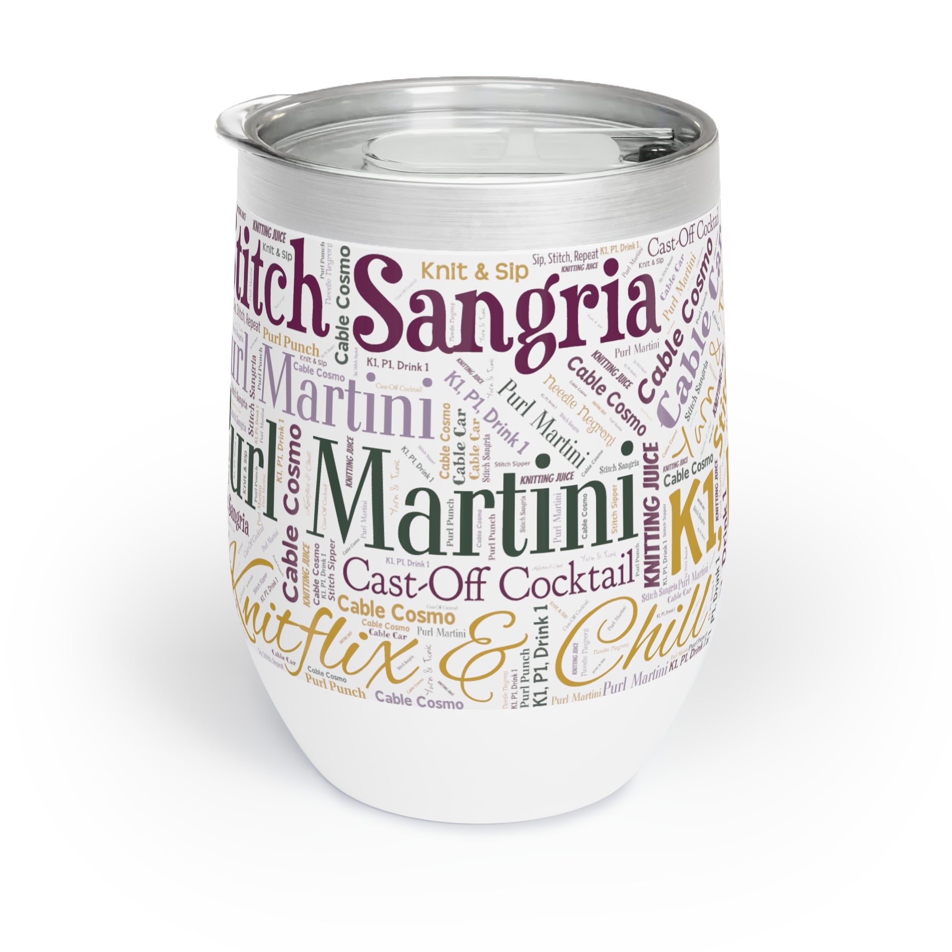 Knit & Sip Word Art Wine Tumbler – 12oz Stainless Steel with Lid